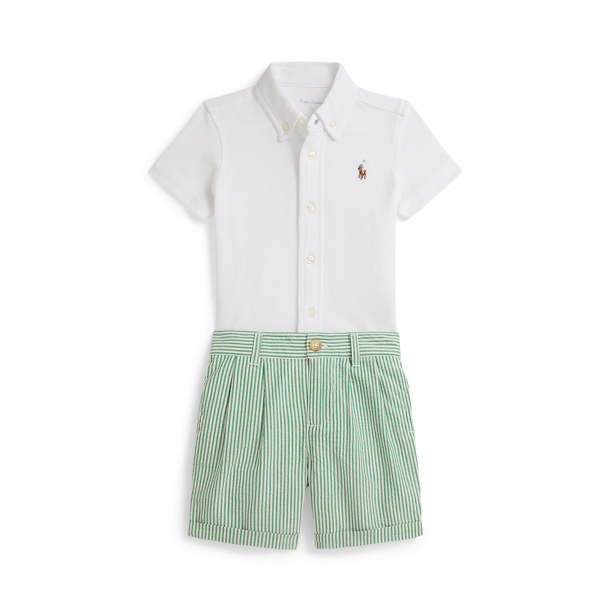 White shirt with a small logo and green striped shorts on a white background