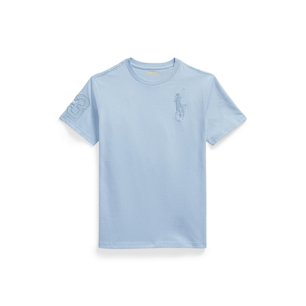 Light blue t-shirt with a small logo on a white background