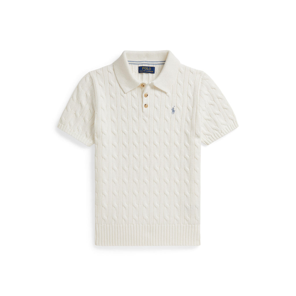 White cable knit polo shirt with Polo Ralph Lauren logo on a white background