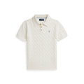 White cable knit polo shirt with Polo Ralph Lauren logo on a white background