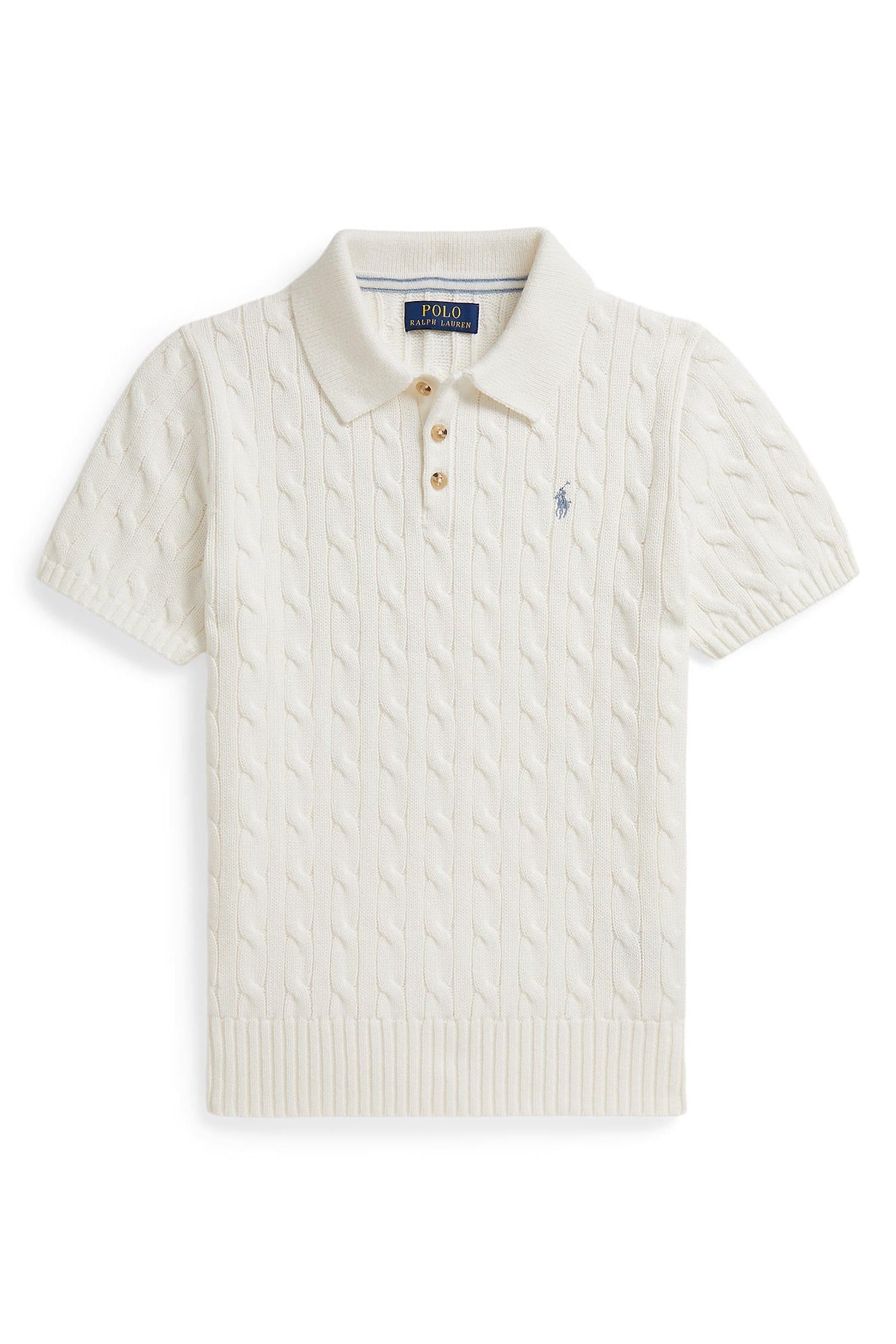 White cable knit polo shirt with Polo Ralph Lauren logo on a white background
