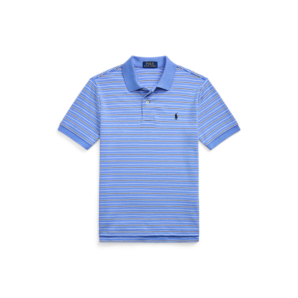 Blue striped polo shirt with a brand logo on a white background