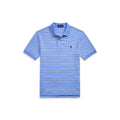 Blue striped polo shirt with a brand logo on a white background