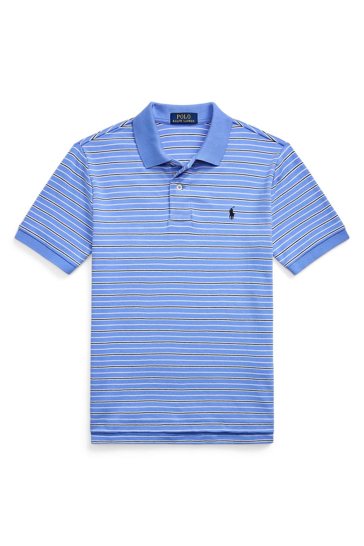 Blue striped polo shirt with a brand logo on a white background