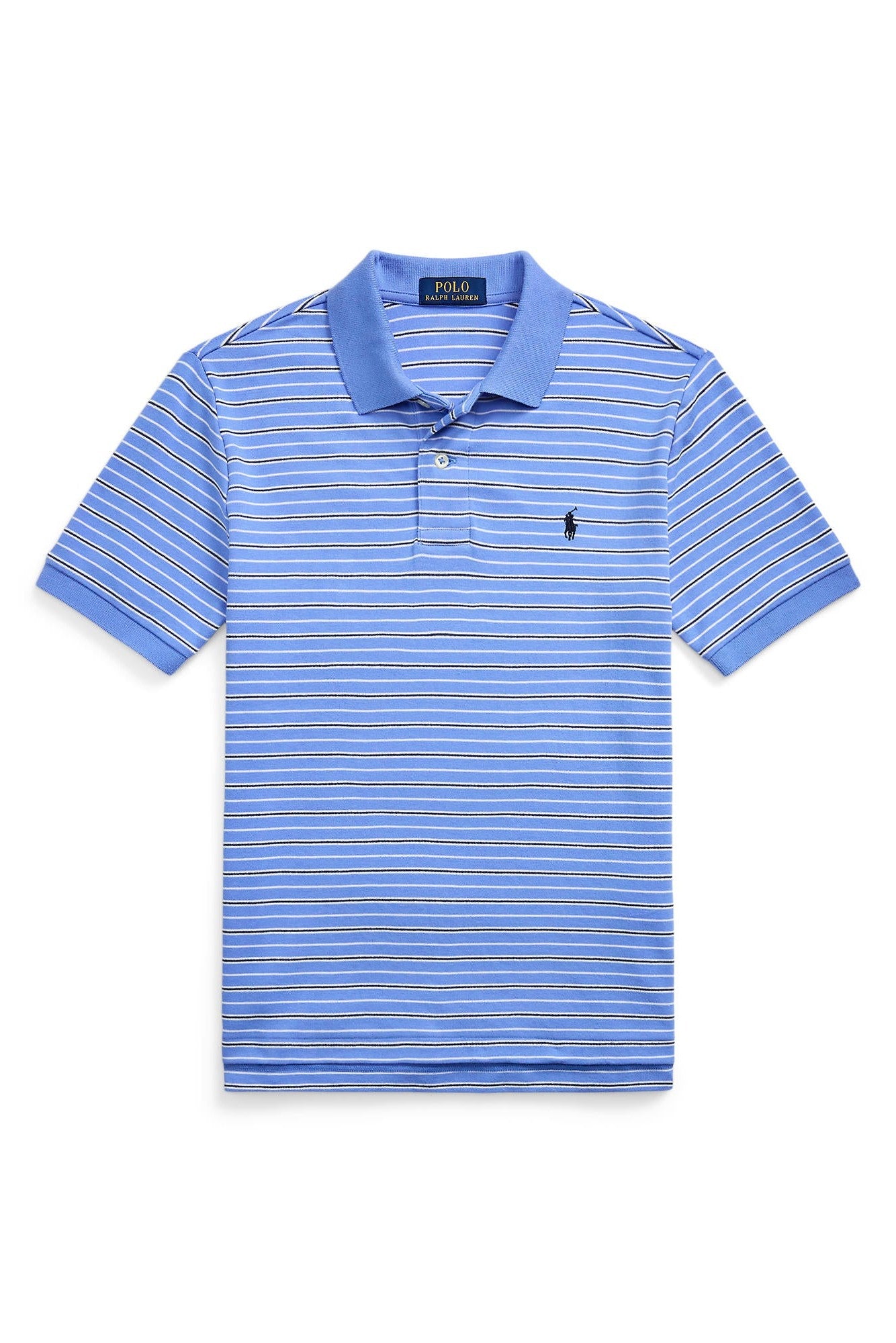 Blue striped polo shirt with a brand logo on a white background