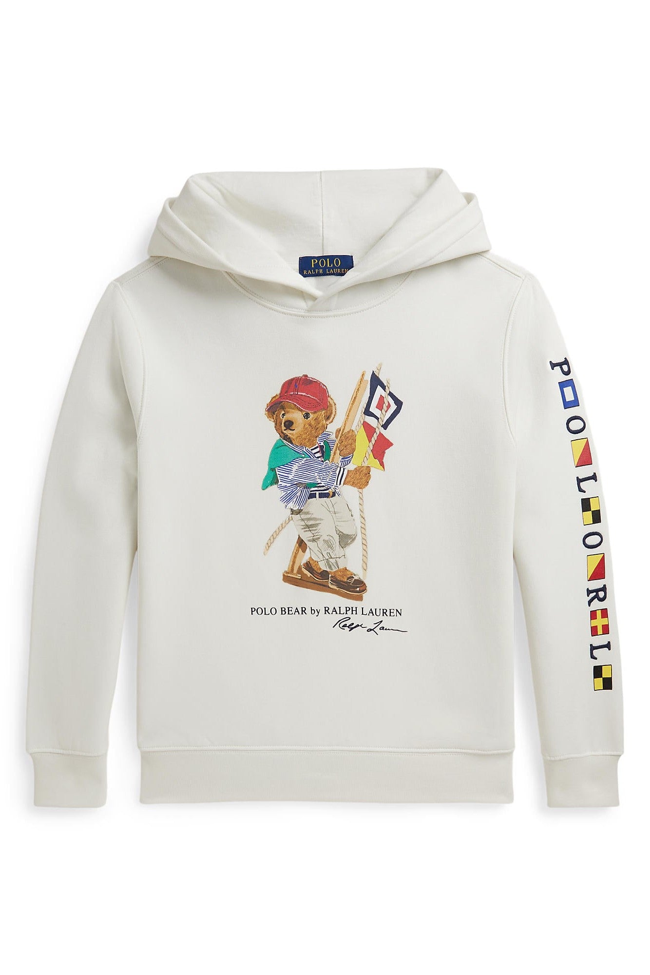 White hoodie with Polo Bear graphic and Ralph Lauren logo on a white background