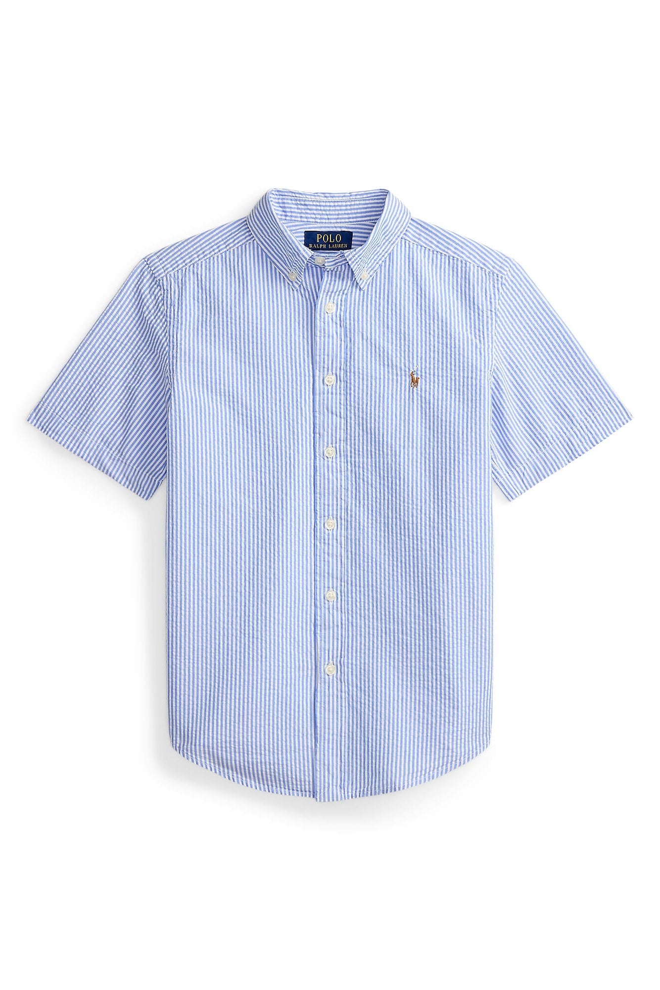 Blue and white striped button-up shirt on a white background