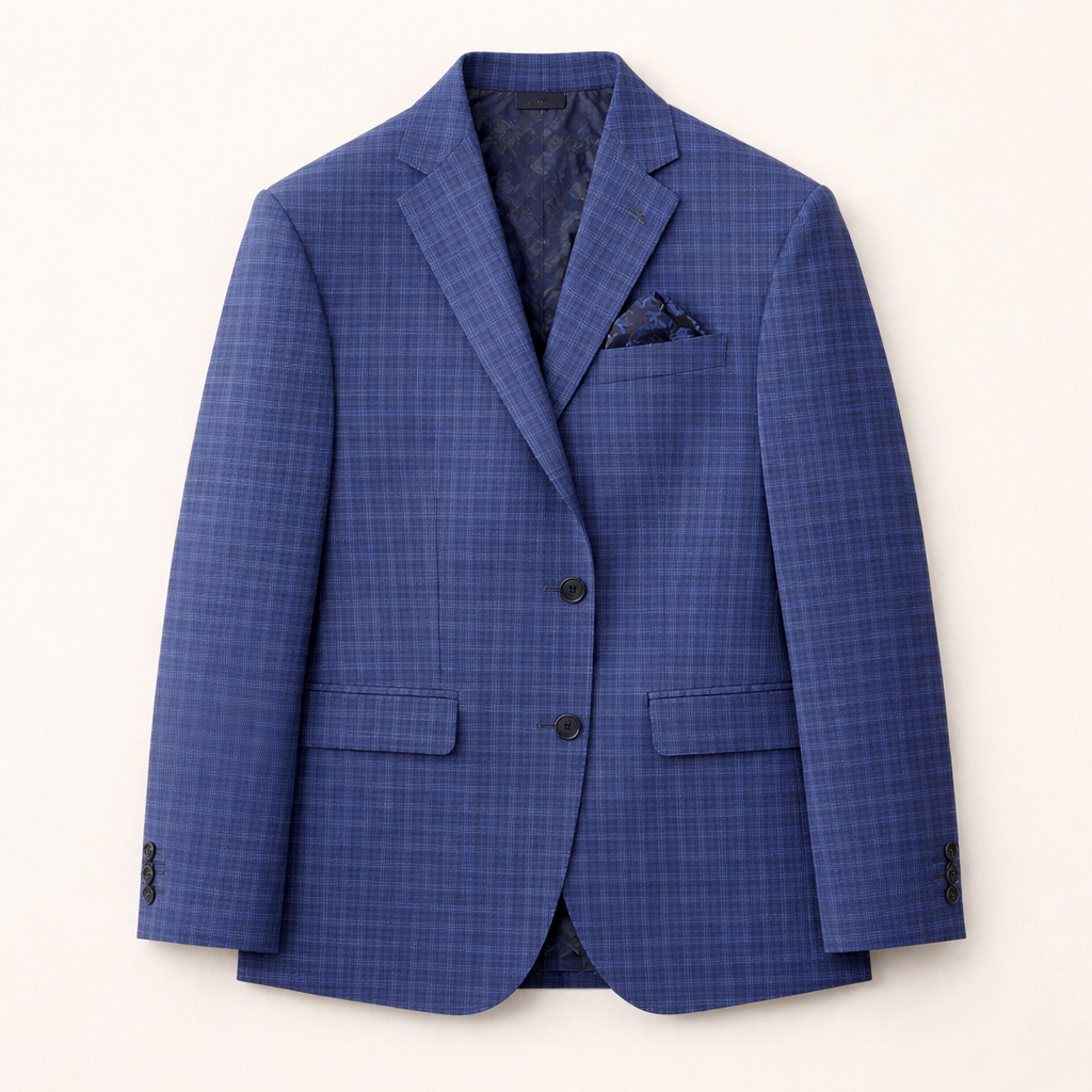 Blue checkered suit jacket on a white background