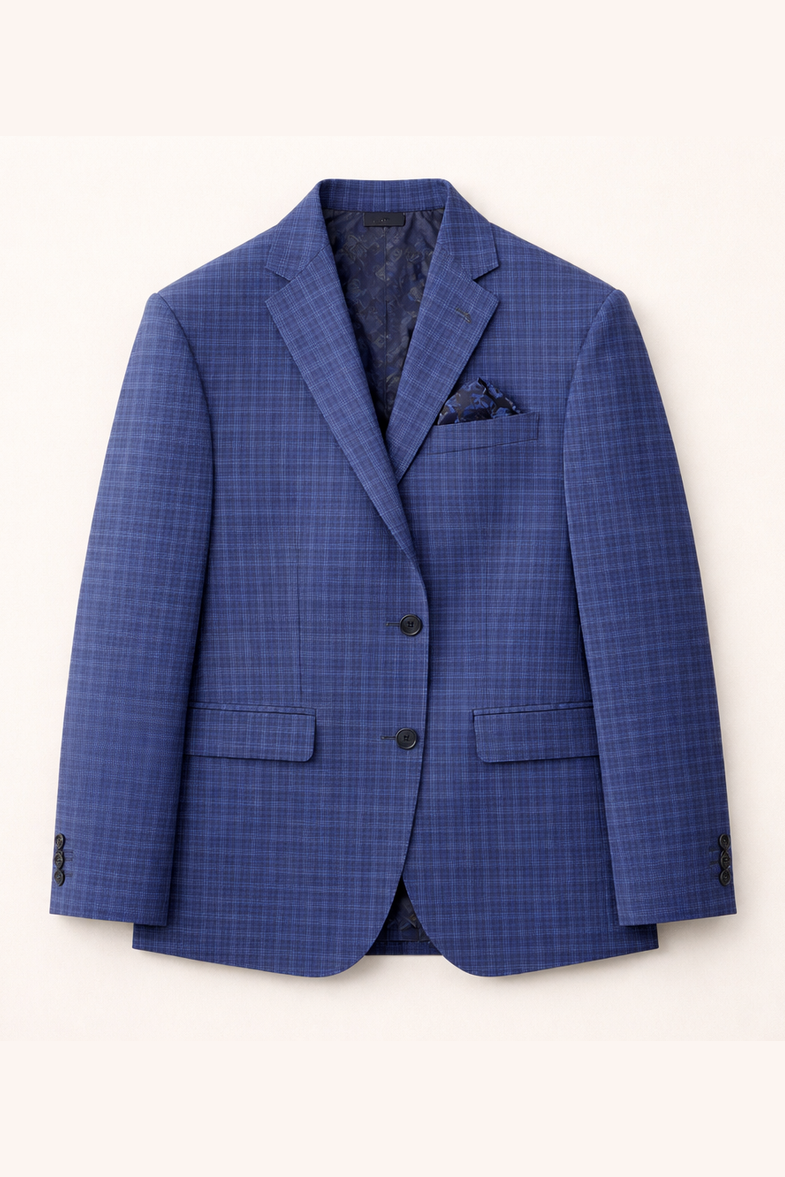 Blue checkered suit jacket on a white background