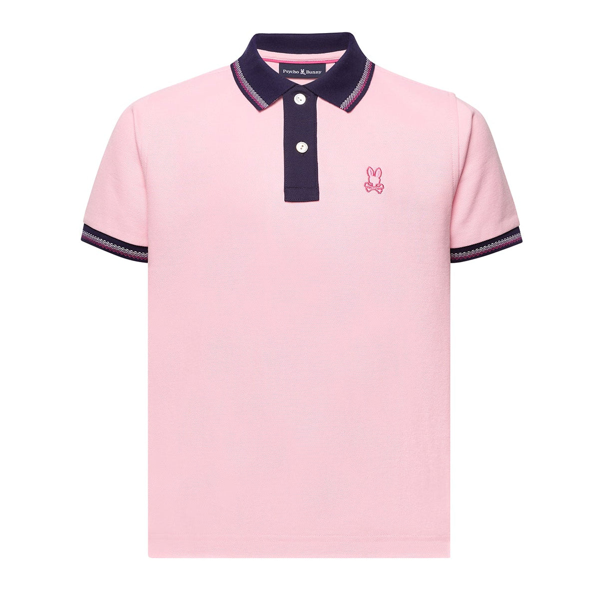 Pink polo shirt with navy accents on a white background