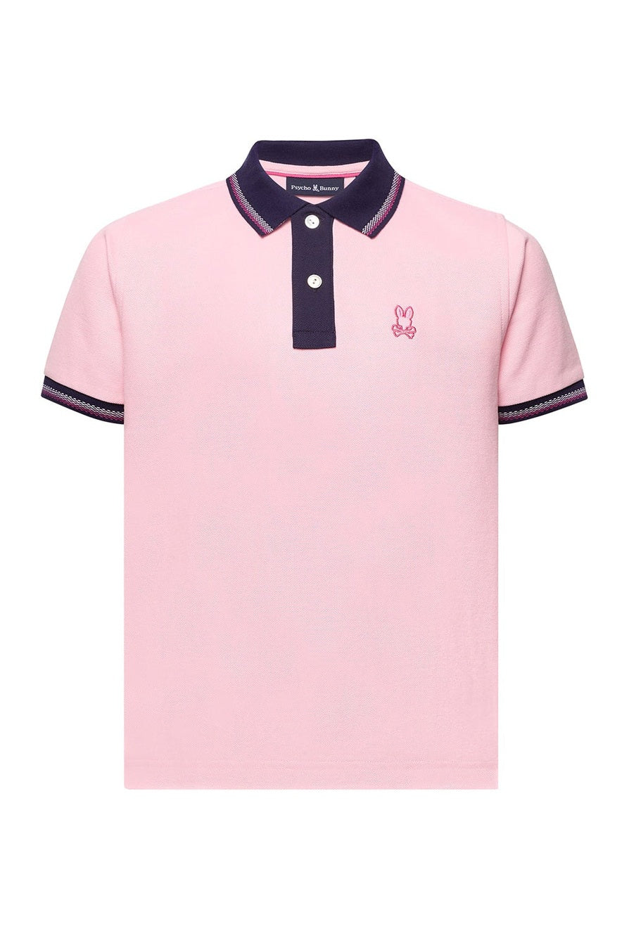 Pink polo shirt with navy accents on a white background