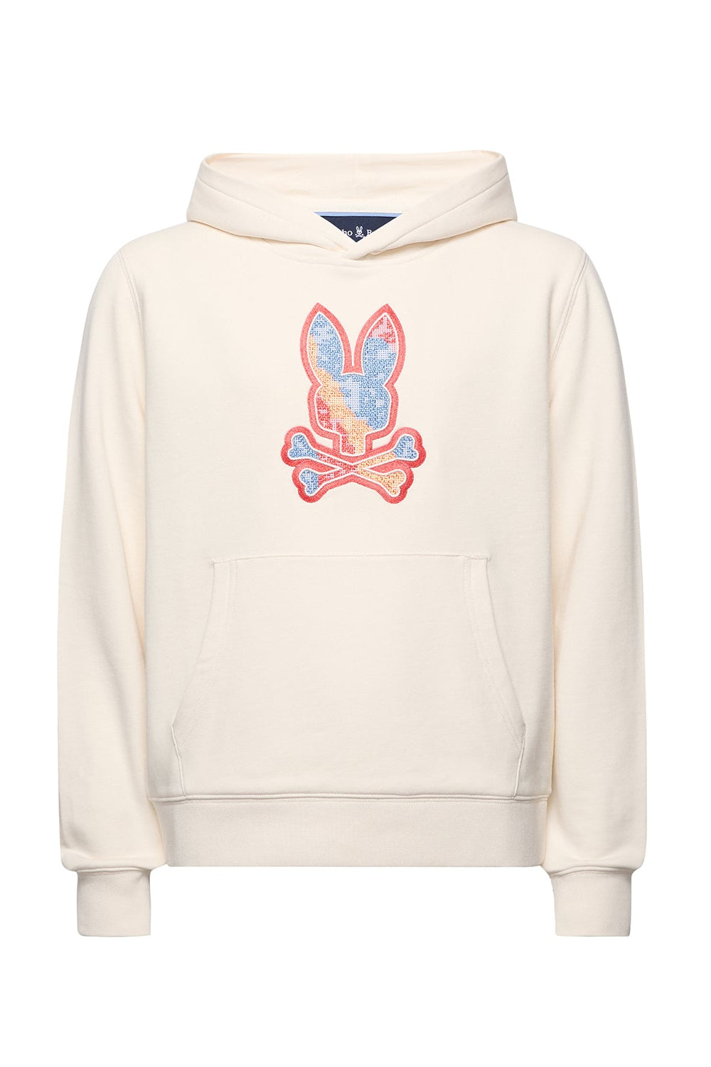 White hoodie with colorful logo on a white background