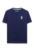 Navy blue t-shirt with a small logo on a white background