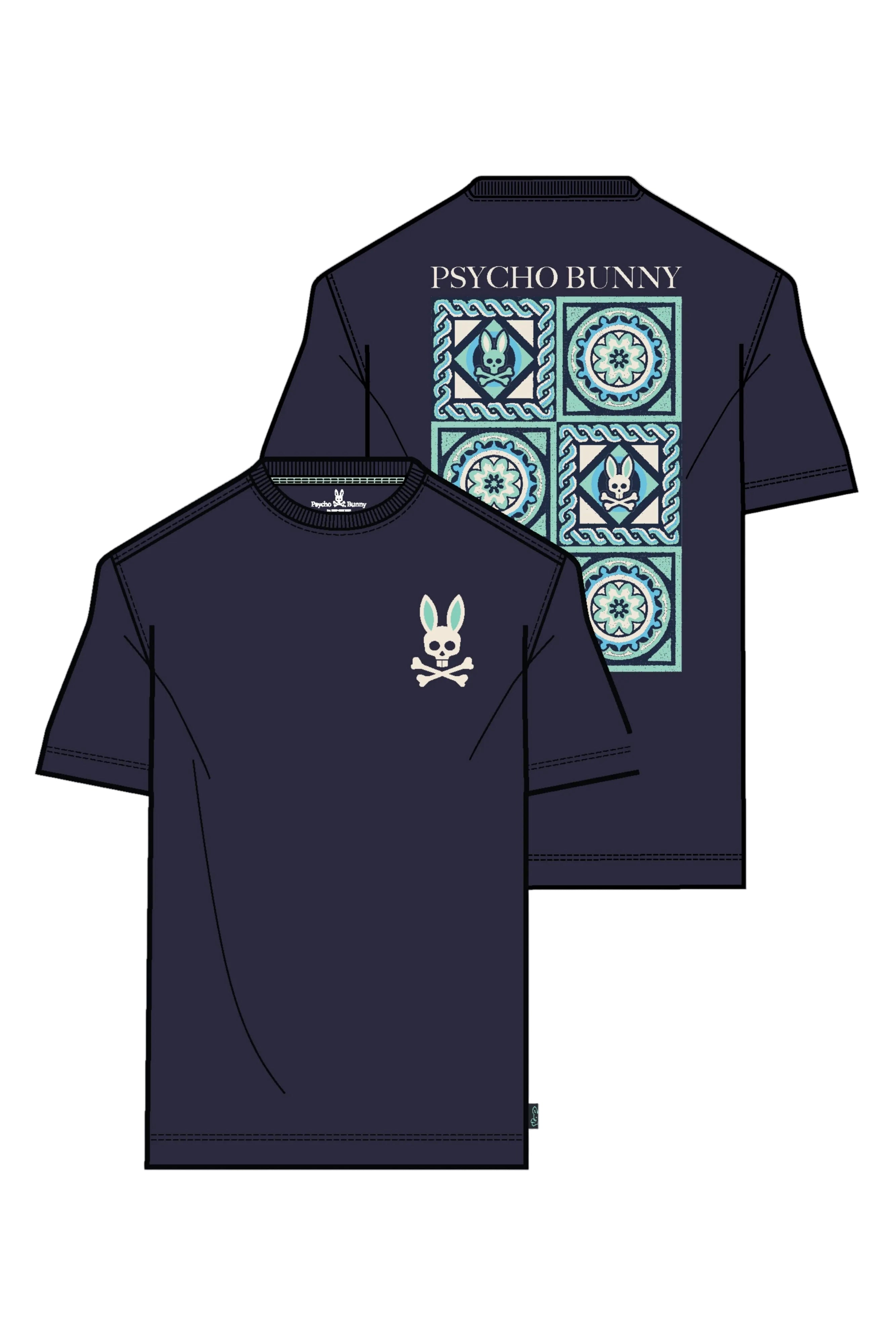 Navy blue t-shirt with Psycho Bunny logo on front and geometric pattern on back