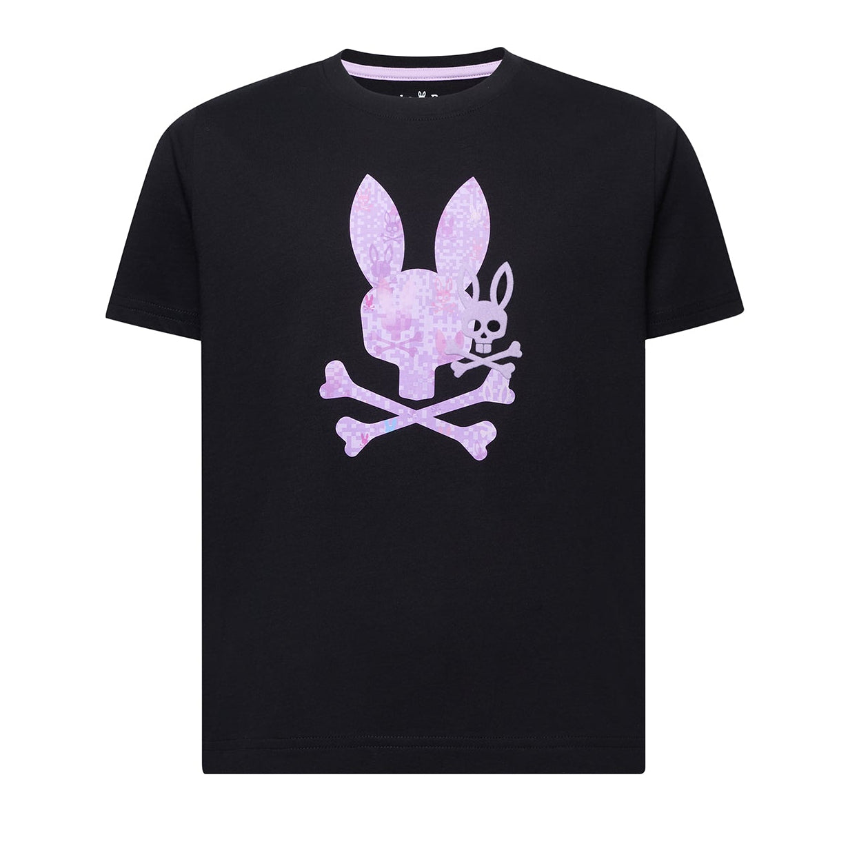Black t-shirt with a pink rabbit skull and crossbones design on a white background