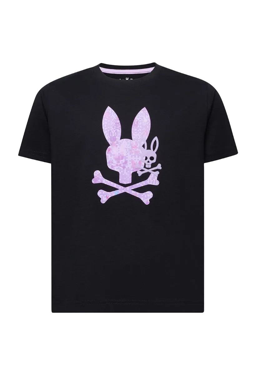 Black t-shirt with a pink rabbit skull and crossbones design on a white background