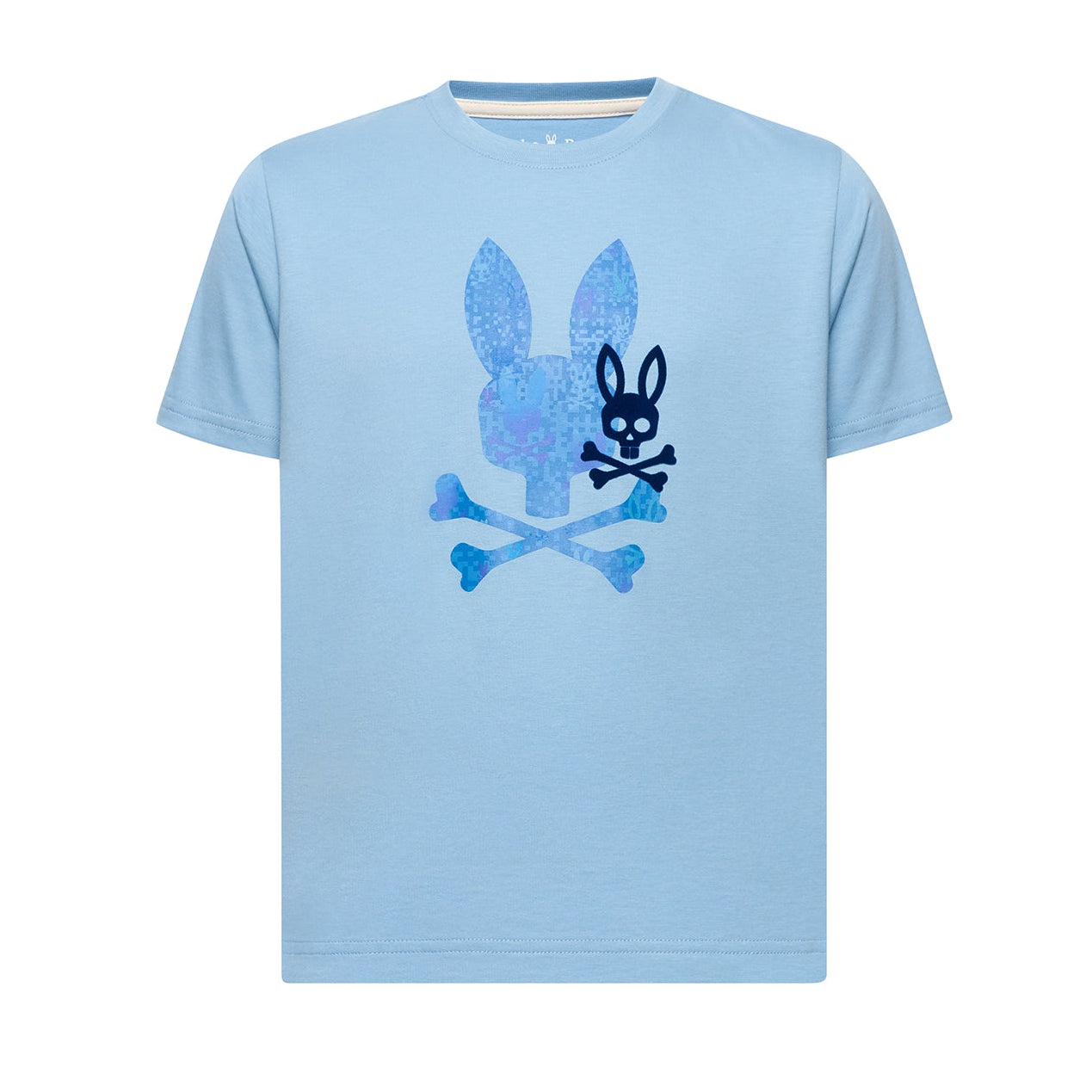Light blue t-shirt with a graphic design on a white background