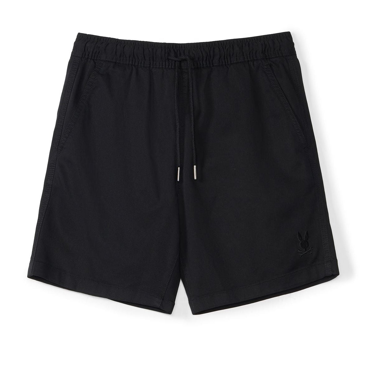 Black shorts with a small logo on a white background