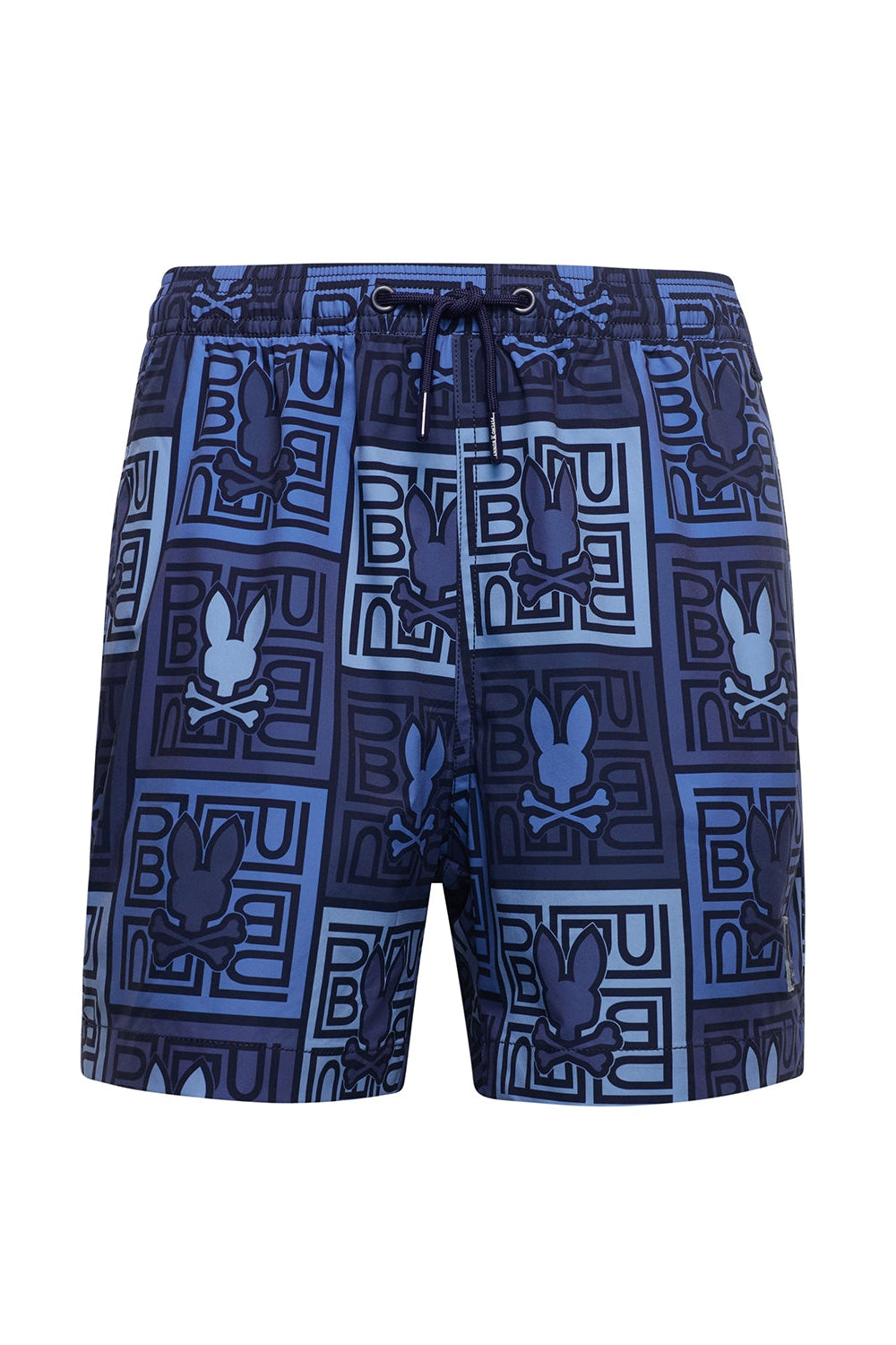 Blue patterned shorts on a white background