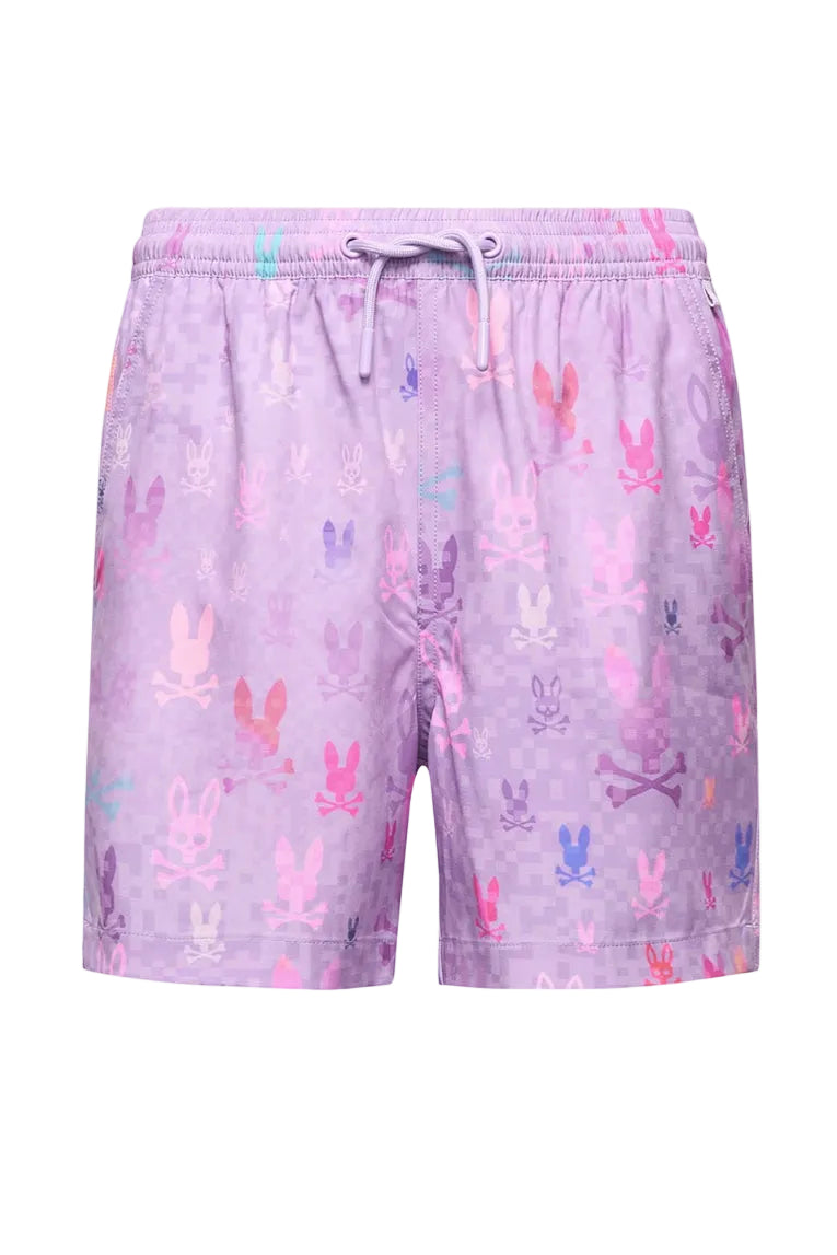 Lavender shorts with colorful abstract patterns on a white background