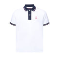 White polo shirt with navy collar and trim on a white background