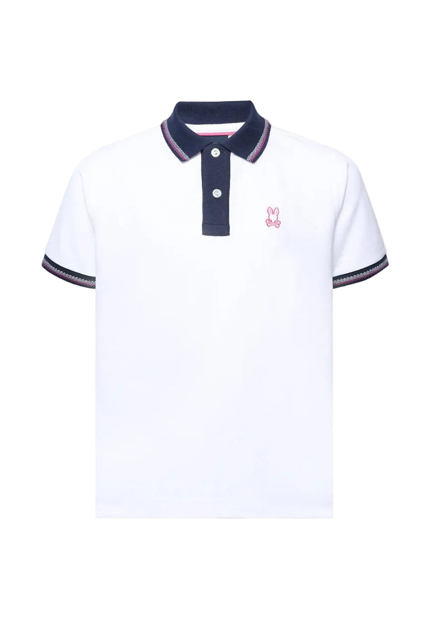 White polo shirt with navy collar and trim on a white background