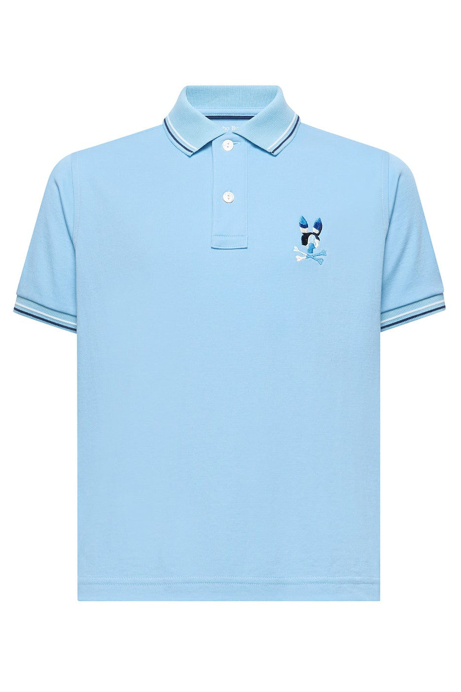 Light blue polo shirt with a small logo on a white background