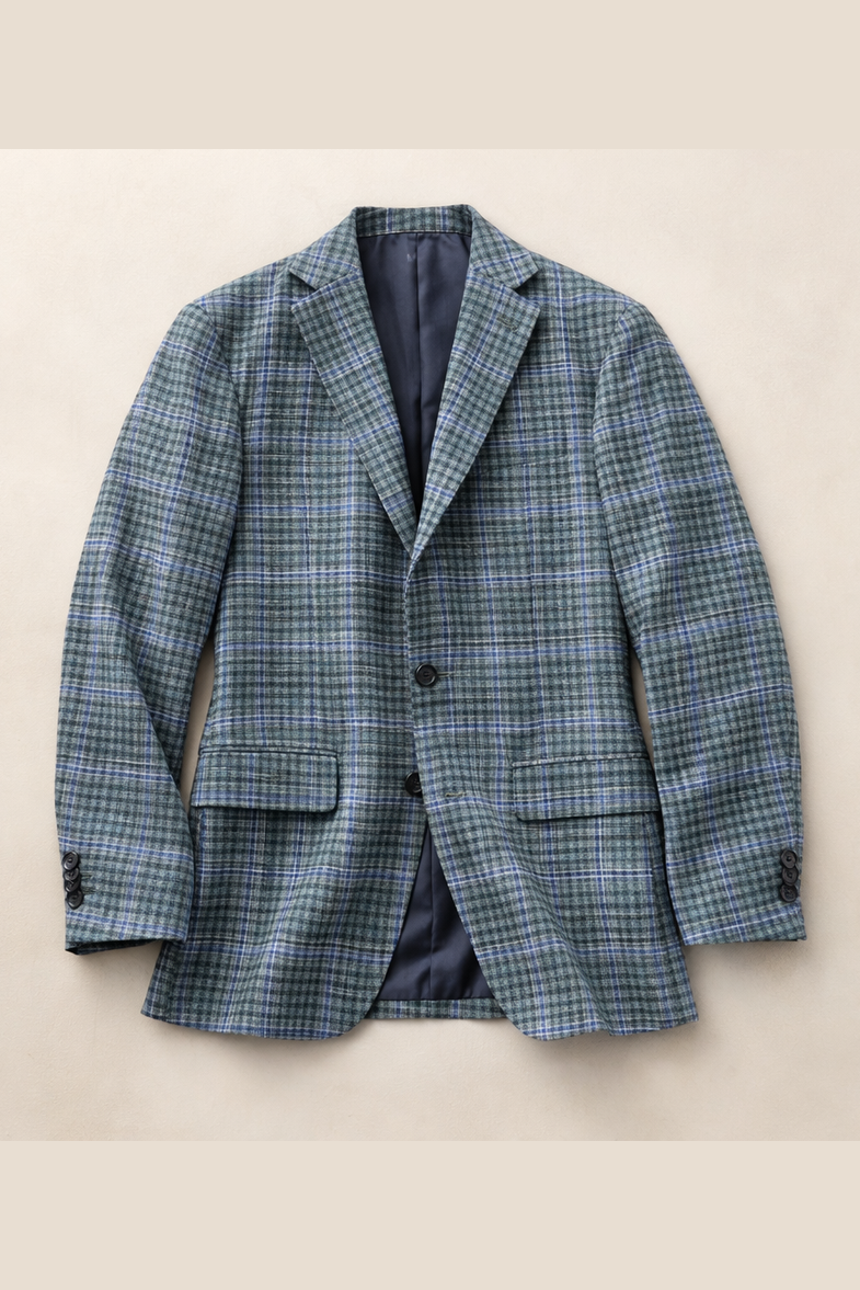 Blue plaid blazer on a beige background