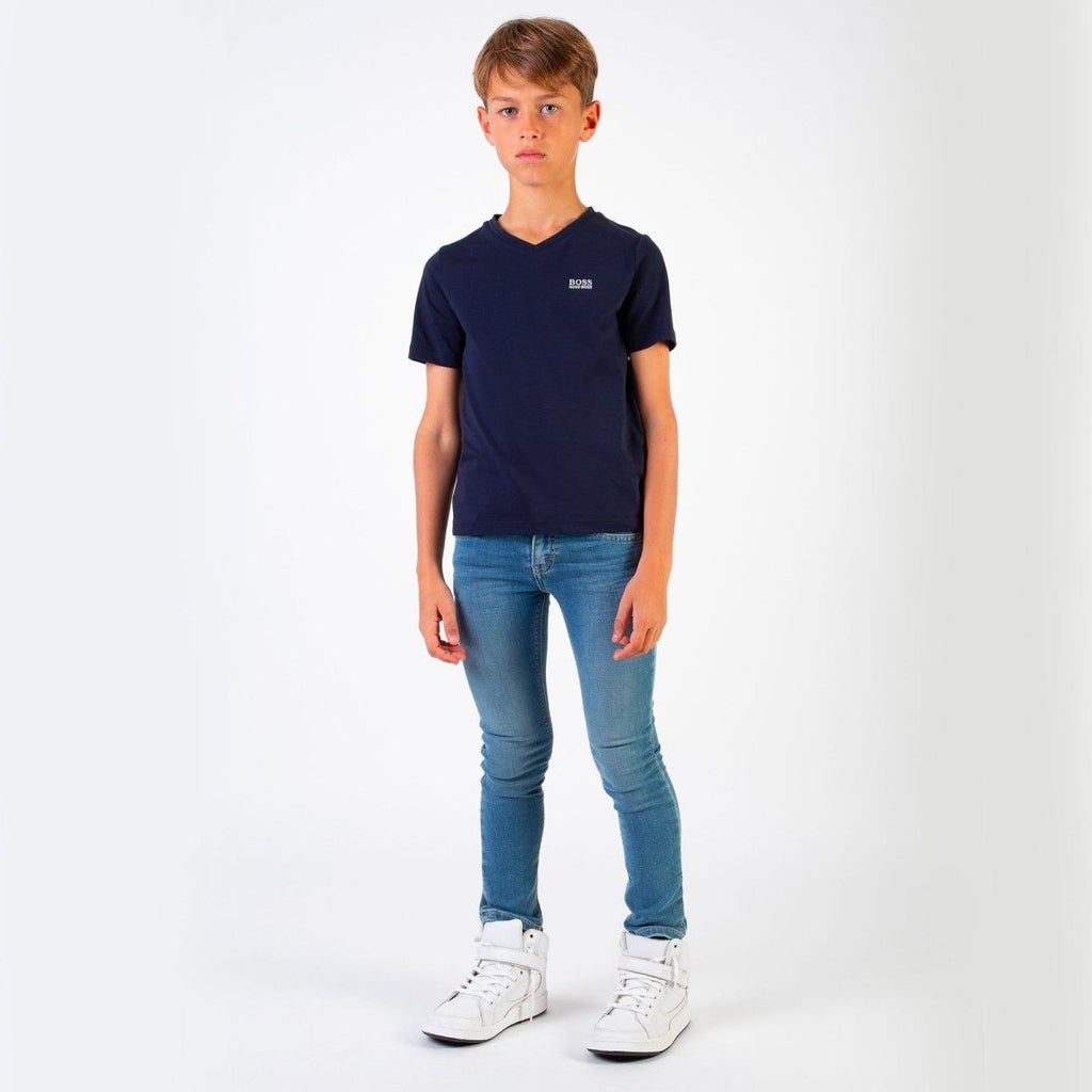 Hugo Boss Boys basic V - neck T-shirt in stretch cotton with embroidered logo J25Z04 - NorthBoys