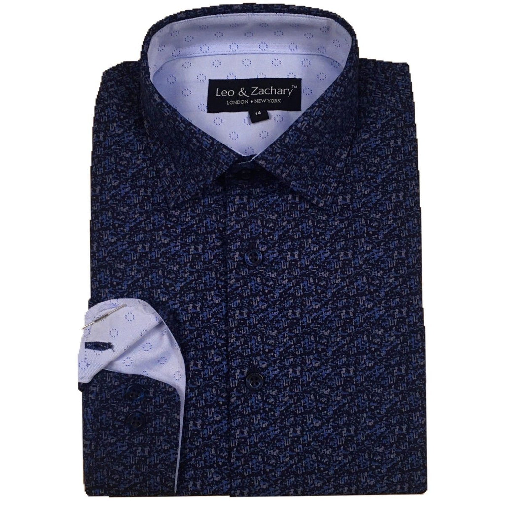Leo & Zachary Boys Navy Graphics Dress Shirt 5773 - NorthBoys