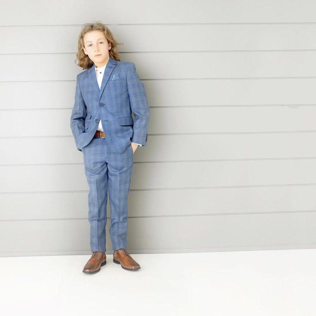 Leo & Zachary Steel Blue Slim Plaid Suit-NorthBoys