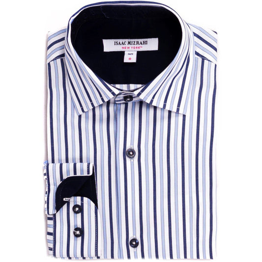 Isaac Mizrahi Boys White/Navy Striped Dress Shirt Dress Shirts Isaac Mizrahi 